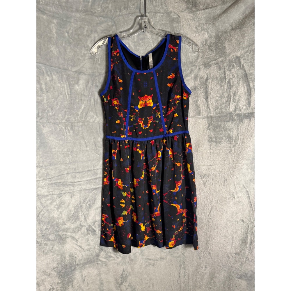 Kensie Womens Abstract Floral Fit and Flare‎ Dress Blue Trim Black Size Medium